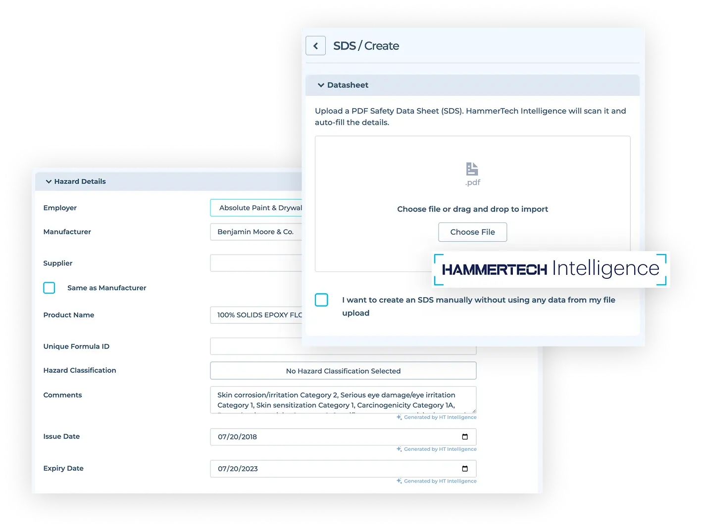 HammerTech Intelligence auto-filling Safety Data Sheet details from a PDF upload.