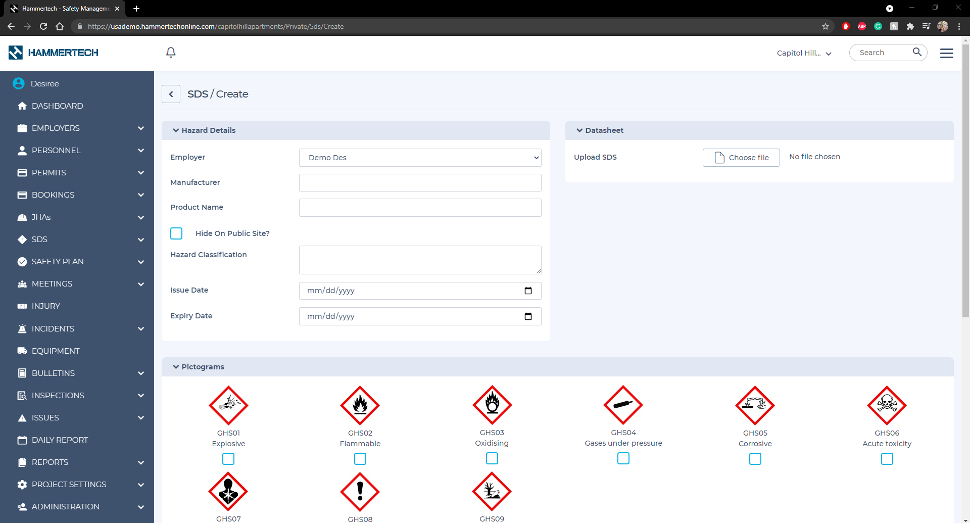 Screen capture of HammerTech's SDS (Safety Data Sheet) module, showcasing an interface for creating and managing SDS records. The module allows for entering comprehensive hazard information with corresponding pictograms, providing a clear, visual depiction of potential risks. This image underscores the platform's emphasis on centralized safety data management, designed to ensure all construction site team members have access to crucial safety information.