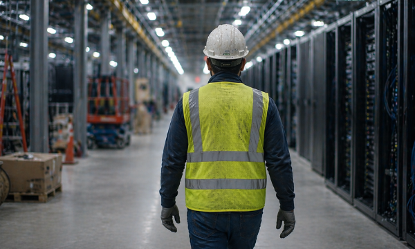 Shows a construction worker walking through a nearly complete construction project of a data center using HammerTech construction safety platform
