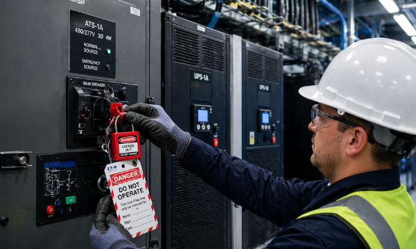 Construction worker adding lockout tagout warnings in a live data center construction project using HammerTech