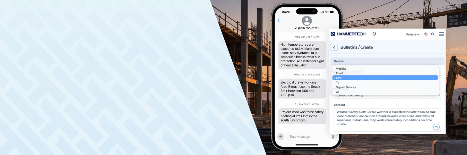 SMS Bulletins Blog Header Image showing the HammerTech dashboard and a mobile phone with text message notifications about jobsite hazards and safety