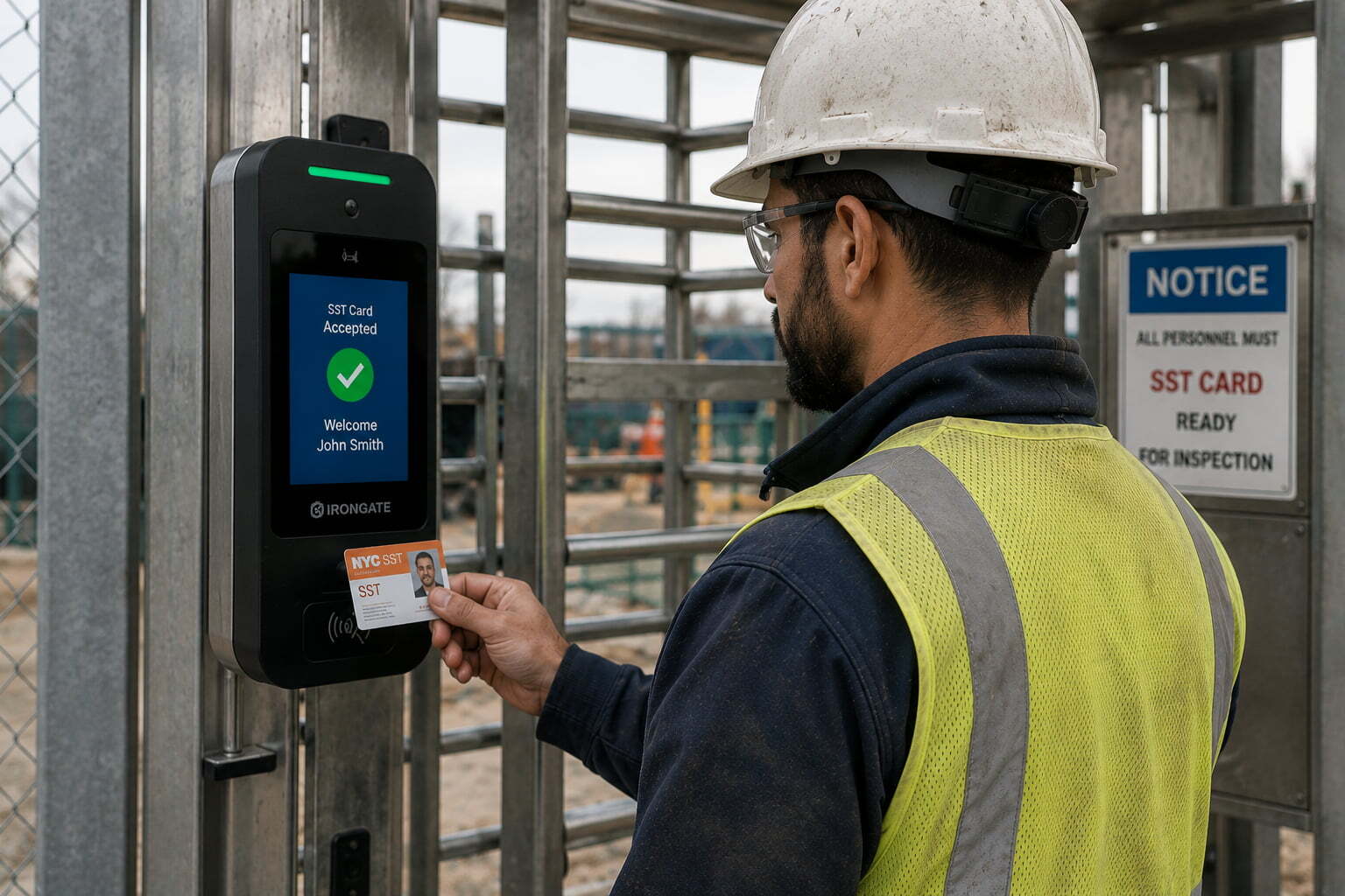 Worker taping their card on an Irongate facial recognition site access turnstile reader, grating the worker access to the site.