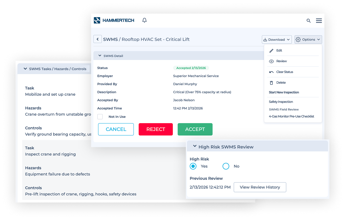 Image of overlapping HammerTech dashboards showing SWMS management example, and 