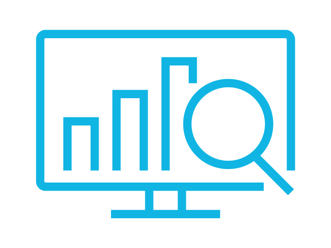 Reporting and insights icon with a magnifying glass over bar chart icon.