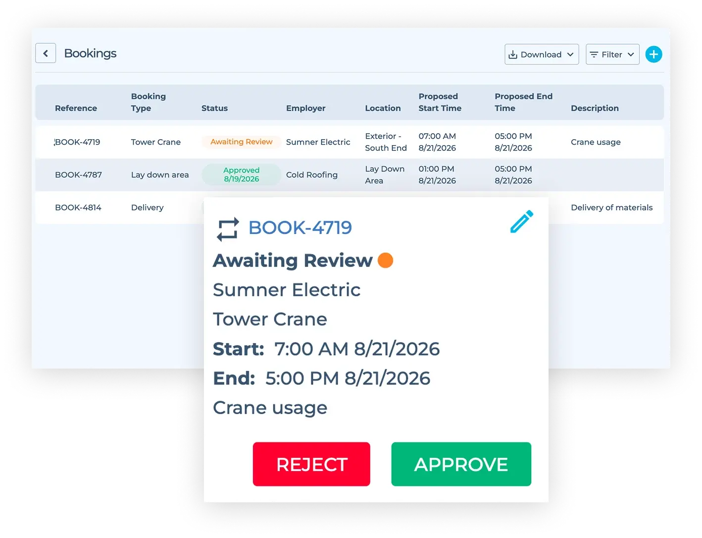 Approving construction site delivery and crane bookings in the HammerTech logistics register.