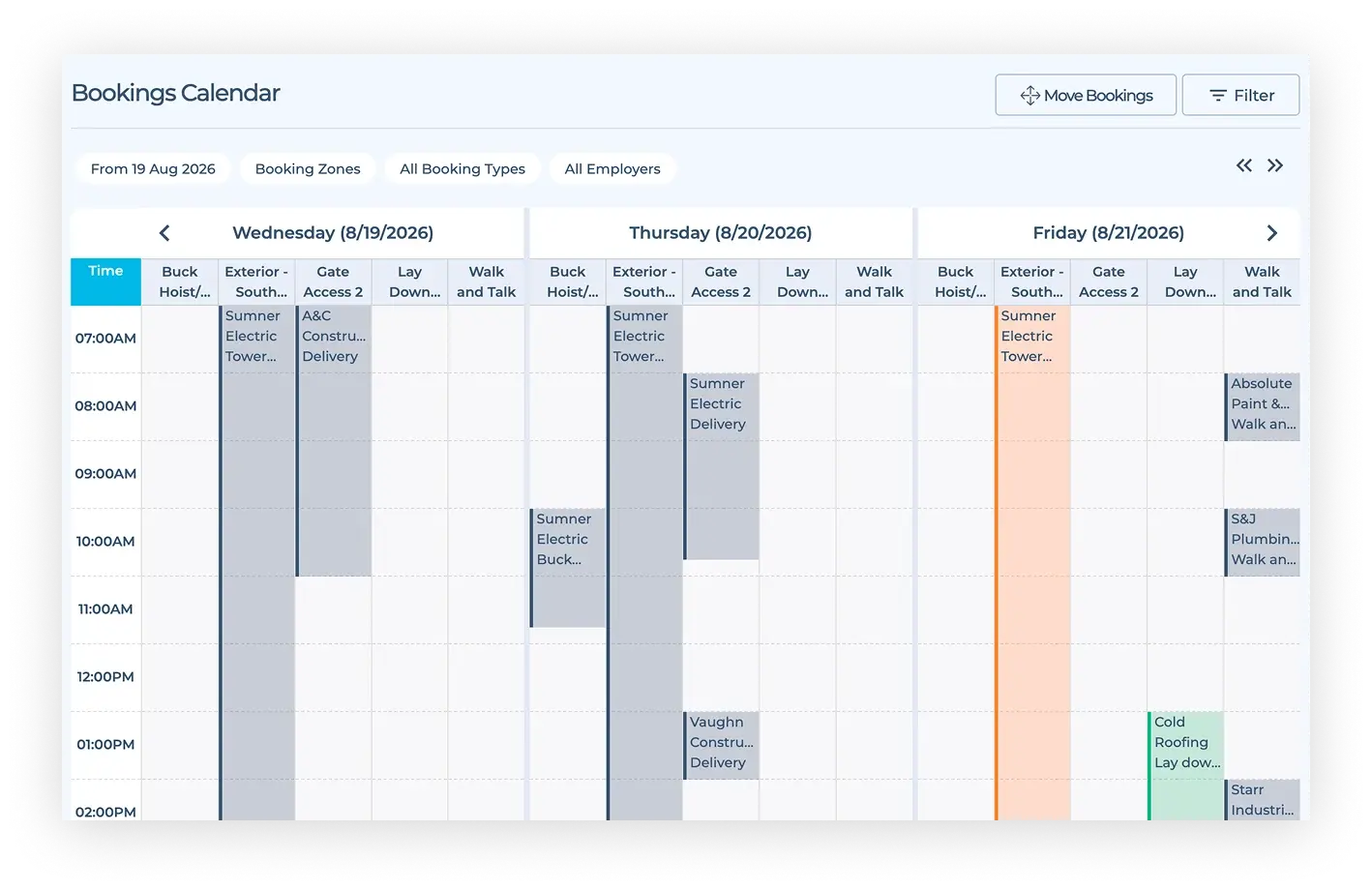 Shared construction logistics calendar showing daily site deliveries, hoist usage, and walk-and-talks.