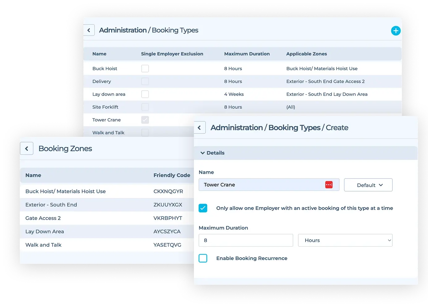 Configuring construction booking zones and site administration rules for tower crane usage.