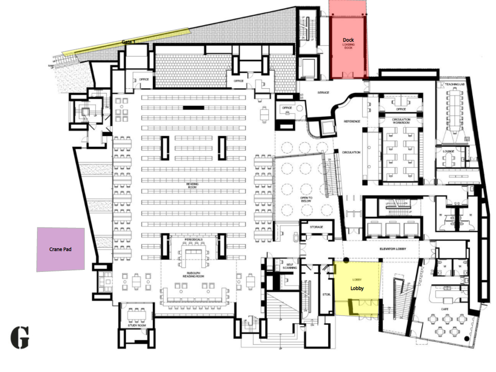 Interactive construction site layout: Visualization of a construction site layout on HammerTech's platform, color-coded for easy reference. The layout includes essential components like the crane pad placement, dock, and lobby, assisting in prioritizing advanced planning and improving compliance with environmental requirements.