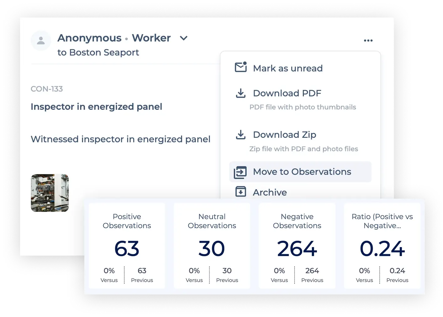 Shows how many positive, neutral, and negative observations were raised on a jobsite on the HammerTech platform..