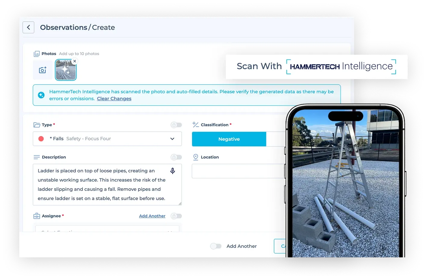 Shows that a person took a picture, and HammerTech Intelligence scanned the image and wrote a description and selected a 