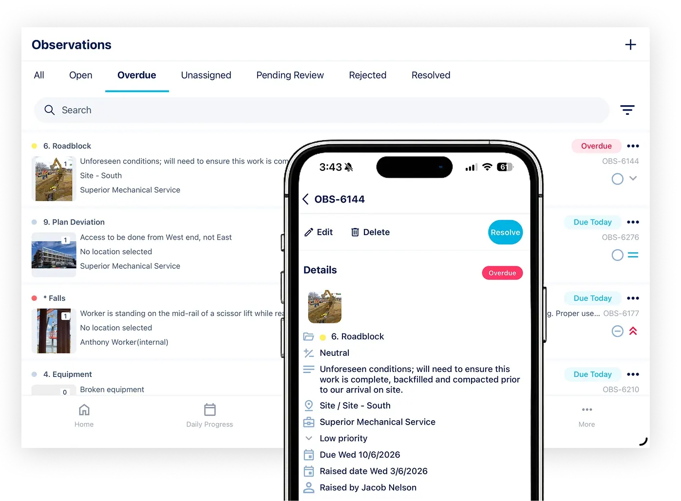 Shows the HammerTech dashboard, and pictures that someone took but that AI is recording from cell phone to app, saving time and seeing things that people miss.