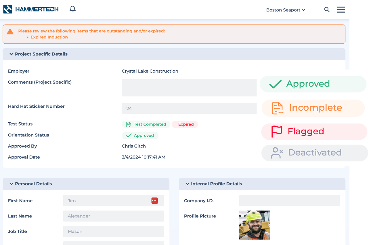 Image shows HammerTech platform dashboard and shows project specific details, personal details, and internal profile details with 