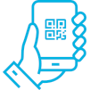 Icon of a hand holding a smartphone displaying a QR code, representing HammerTech's Touchless Sign-In/Sign-Out module. This tool enhances site management by enabling touchless check-ins and check-outs, seamlessly logging site activity round the clock. HammerTech's module eases the process of labor hour collection by integrating with access control systems or through the use of the HammerTech sign-in app for real-time reporting.