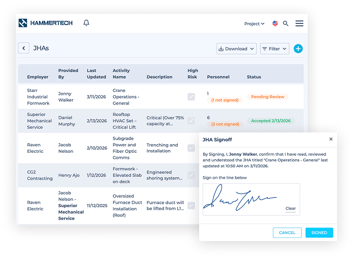 HammerTech Platform showing JHA status and approval tracking and simplicity