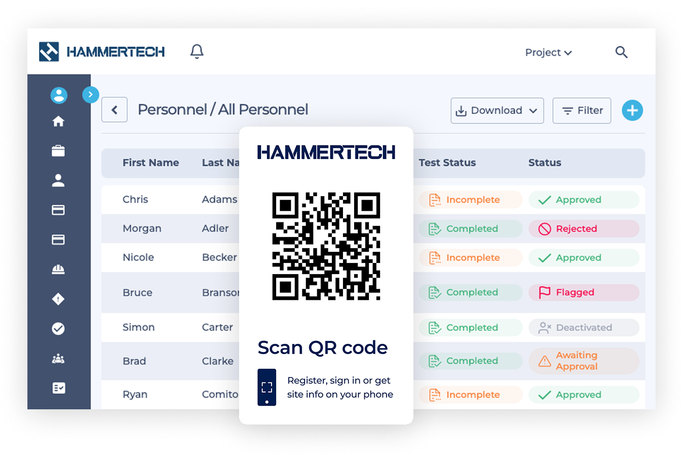 Shows personnel with their test status on the HammerTech desktop dashboard, plus a mobile overlay of a QR code to sign in to get site info