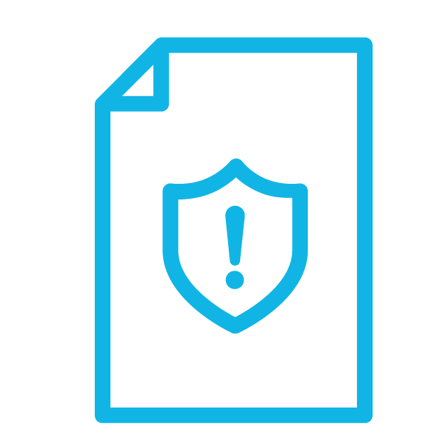 Icon of a paper with a shield icon on top of it, with an exclamation mark over that.  It represents unreliable EHS data when using Excel or paper to track safety on a construction site, and the benefits of using a construction safety software platform like HammerTech instead. 