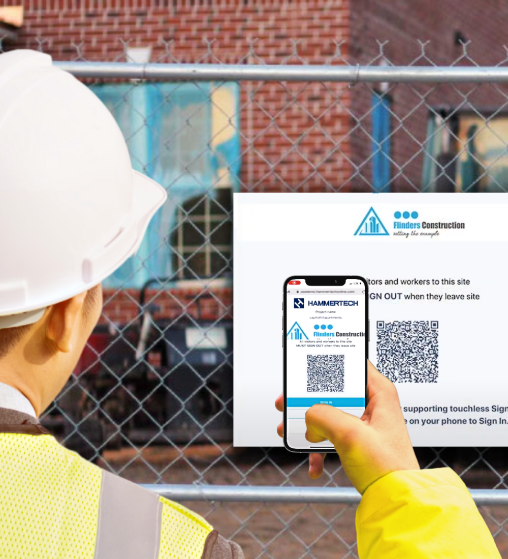 Construction worker using his smartphone and QR code to securely sign in at the construction site via the HammerTech platform. This illustrates the use of digital tools for streamlined site access, enhancing overall operational efficiency and safety compliance.