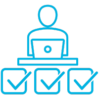 Icon of a man at a computer and three check boxes underneath, checking hours of workers. 