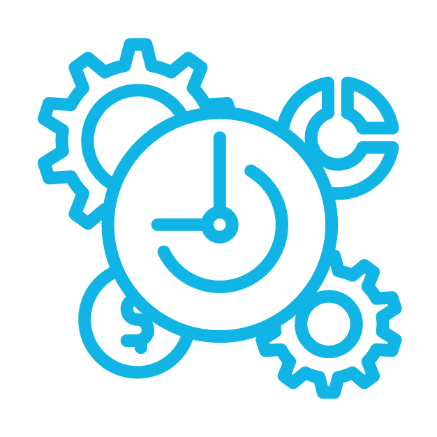 An icon of gears + Graph + coin with a clock on the top, representing the competing priorities that impact safety for site supervisors and safety managers. 
