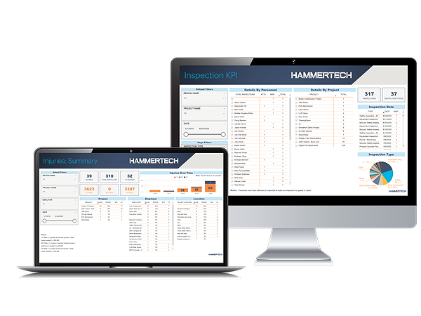 Desktop and mobile phone showing Inspection KPI and Injuries Summary on HammerTech's EHS platform. This emphasizes the platform's data analytics capabilities, providing contractors with actionable insights for improved safety performance and injury prevention