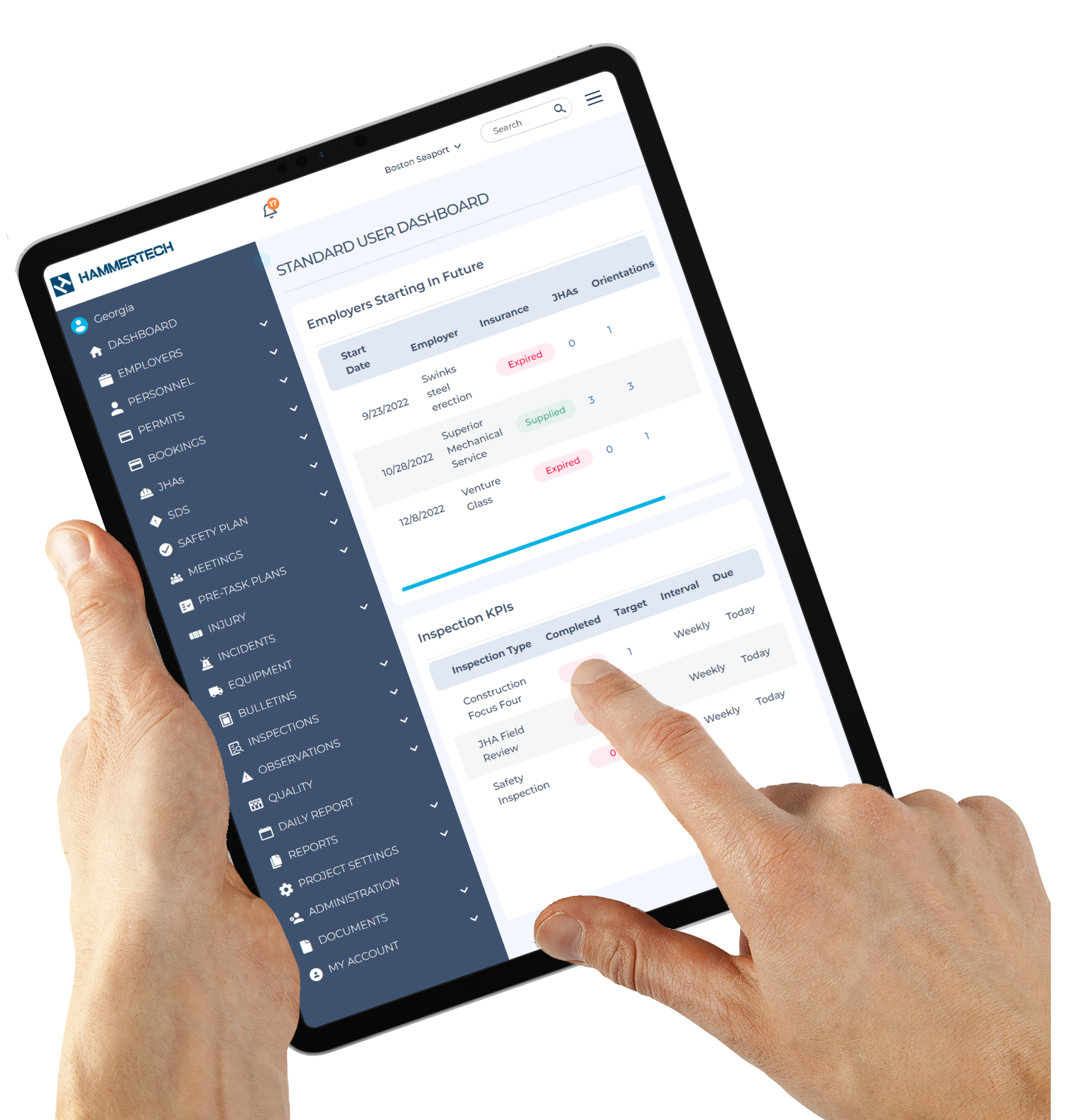 Contractor uses HammerTech's EHS platform on a tablet for comprehensive safety management, including Orientations, Safety Plan, Reporting, Incident and Injury, SDS, Inspections, Covid Support, Permits, Sign-In/Out, Meetings, Equipment Monitoring, and Defect Reporting.